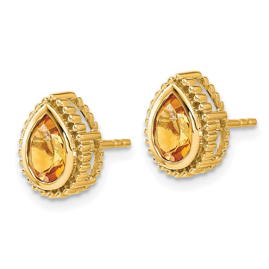 14K Yellow Gold Pear Citrine Post Earrings