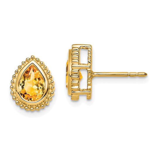 14K Yellow Gold Pear Citrine Post Earrings