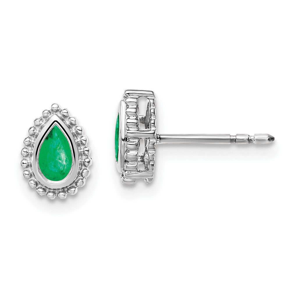 14K White Gold Pear Emerald Post Earrings