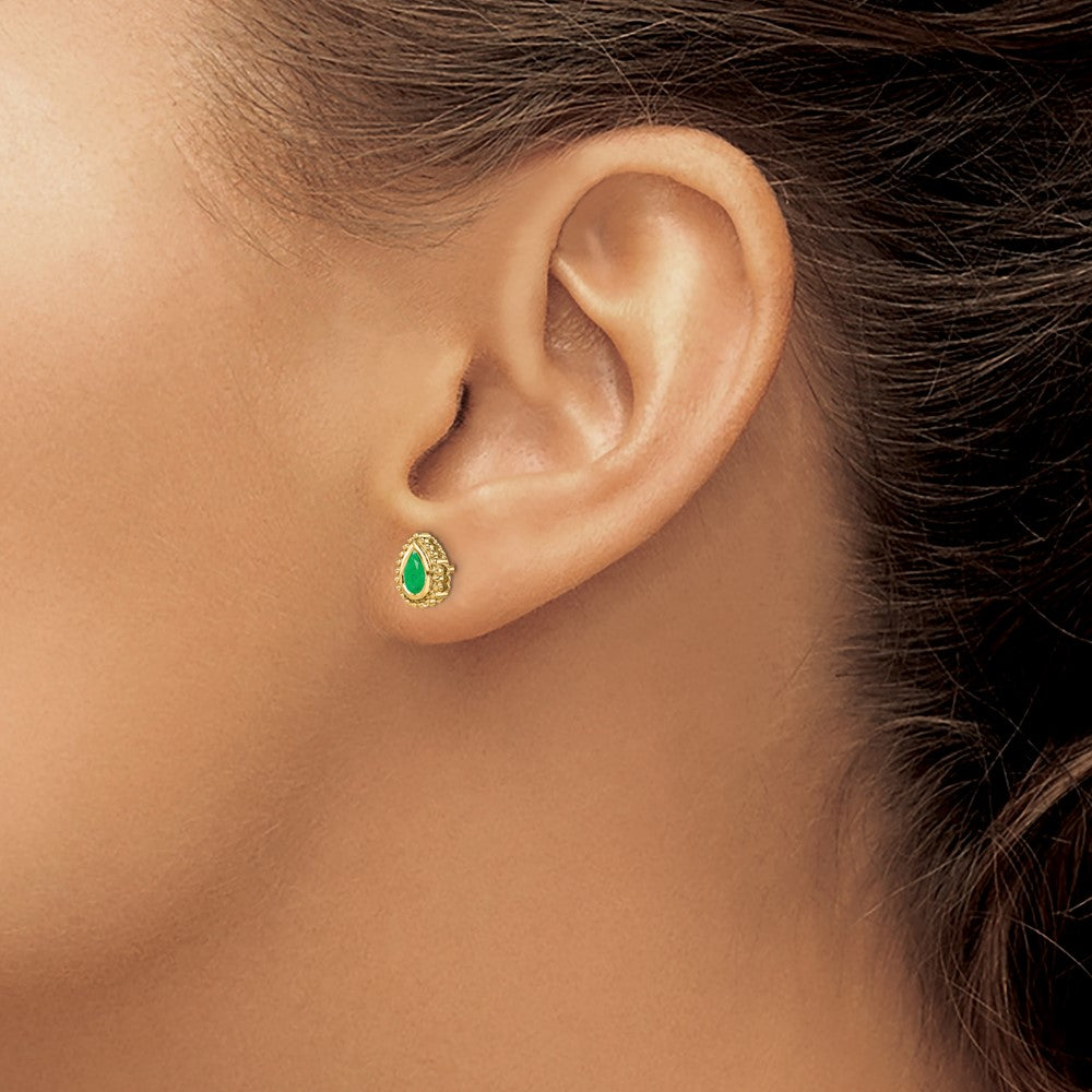 14K Yellow Gold Pear Emerald Post Earrings