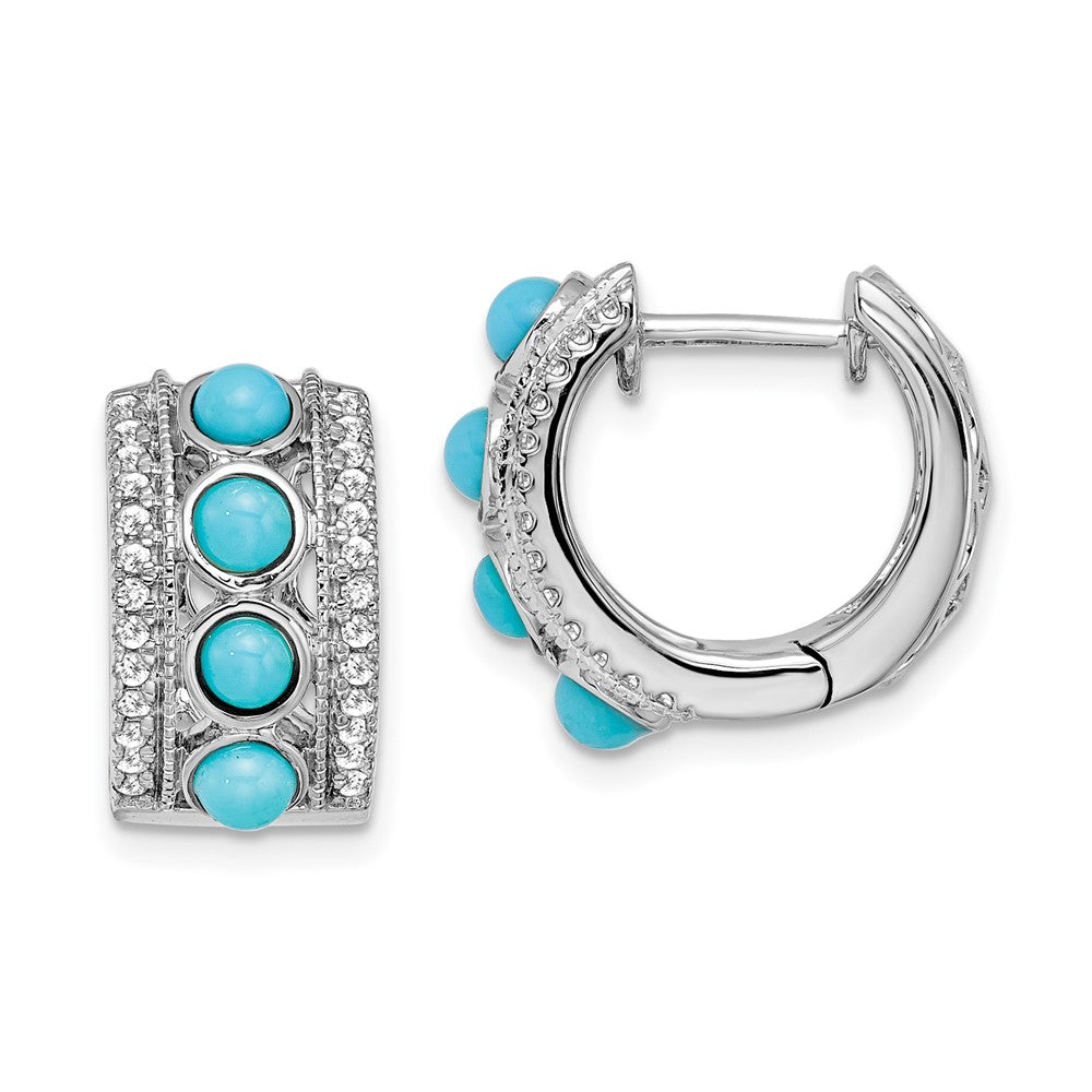 14K White Gold Turquoise and White Topaz Hinged Hoop Earrings