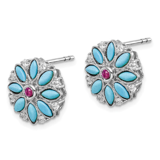 14K White Gold Turquoise Creat. Ruby Wht. Topaz Floral Earrings