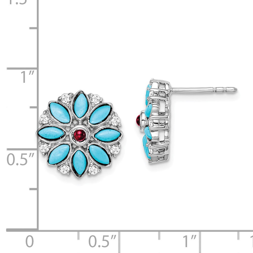 14K White Gold Turquoise Creat. Ruby Wht. Topaz Floral Earrings