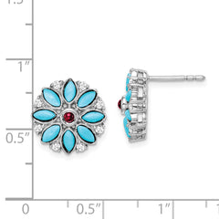 14K White Gold Turquoise Creat. Ruby Wht. Topaz Floral Earrings