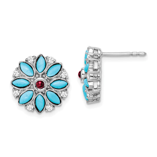 14K White Gold Turquoise Creat. Ruby Wht. Topaz Floral Earrings
