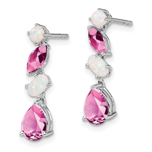14K White Gold Created Pink Sapphire and Opal Dangle Earrings