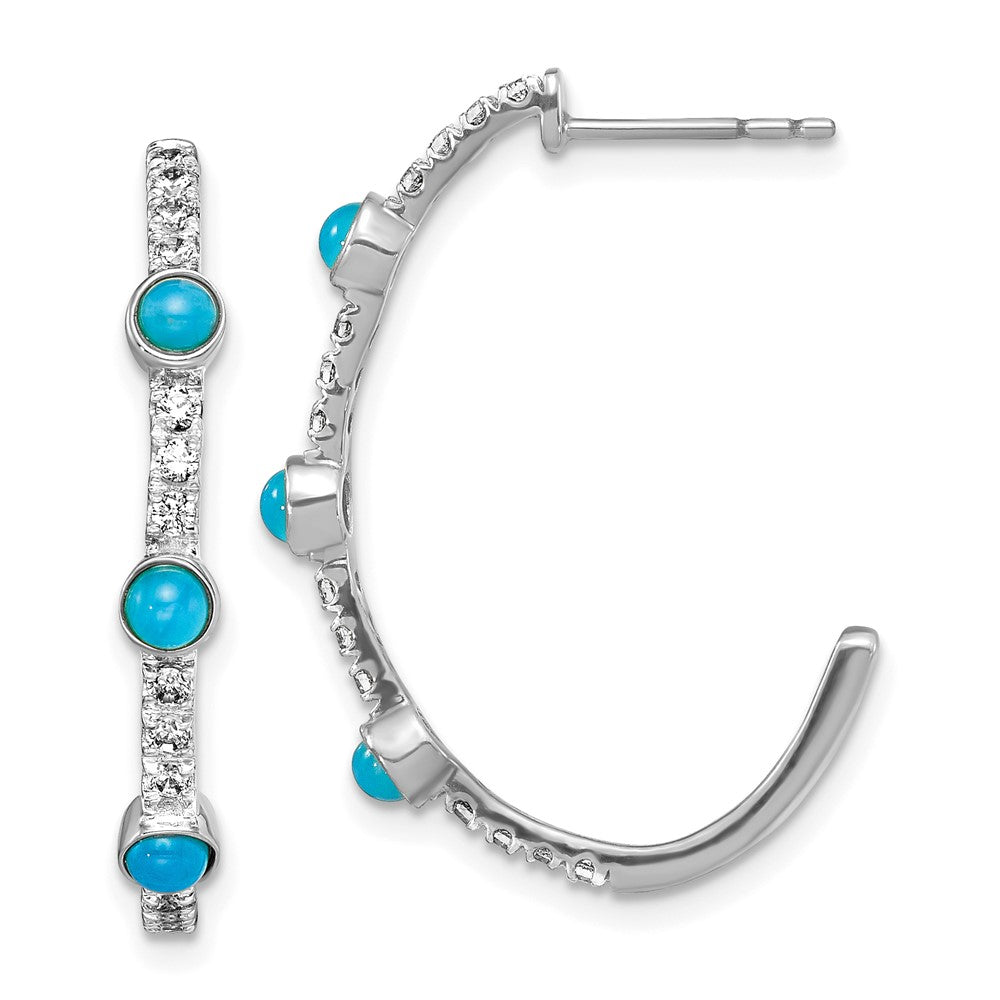 14K White Gold Turquoise and White Topaz J-hoop Earrings