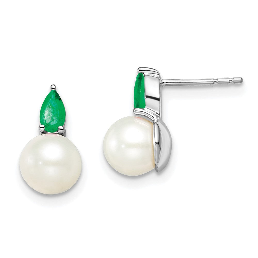 14K White Gold FWC Pearl and Emerald Post Earrings