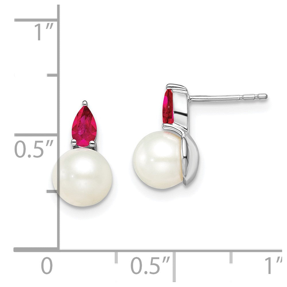 14K White Gold FWC Pearl and Ruby Post Earrings