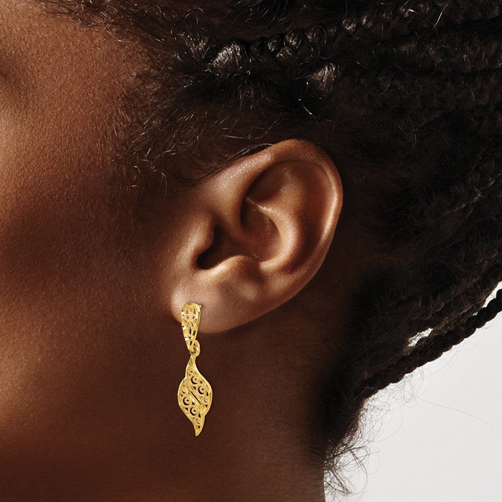 14K Yellow Gold Polished & Diamond-cut Filigree Swirl Dangle Post Earrings
