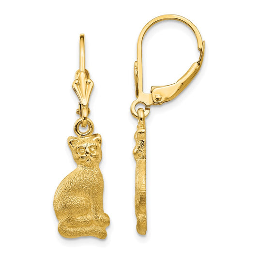 14K Yellow Gold Satin Cat Dangle Leverback Earrings