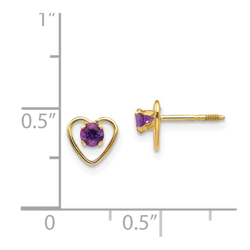 14K Yellow Gold Madi K 3mm Amethyst Birthstone Heart Earrings