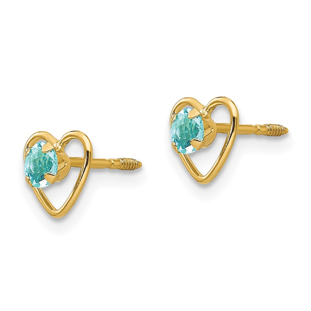 14K Yellow Gold Madi K 3mm Aquamarine Birthstone Heart Earrings