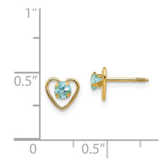 14K Yellow Gold Madi K 3mm Aquamarine Birthstone Heart Earrings