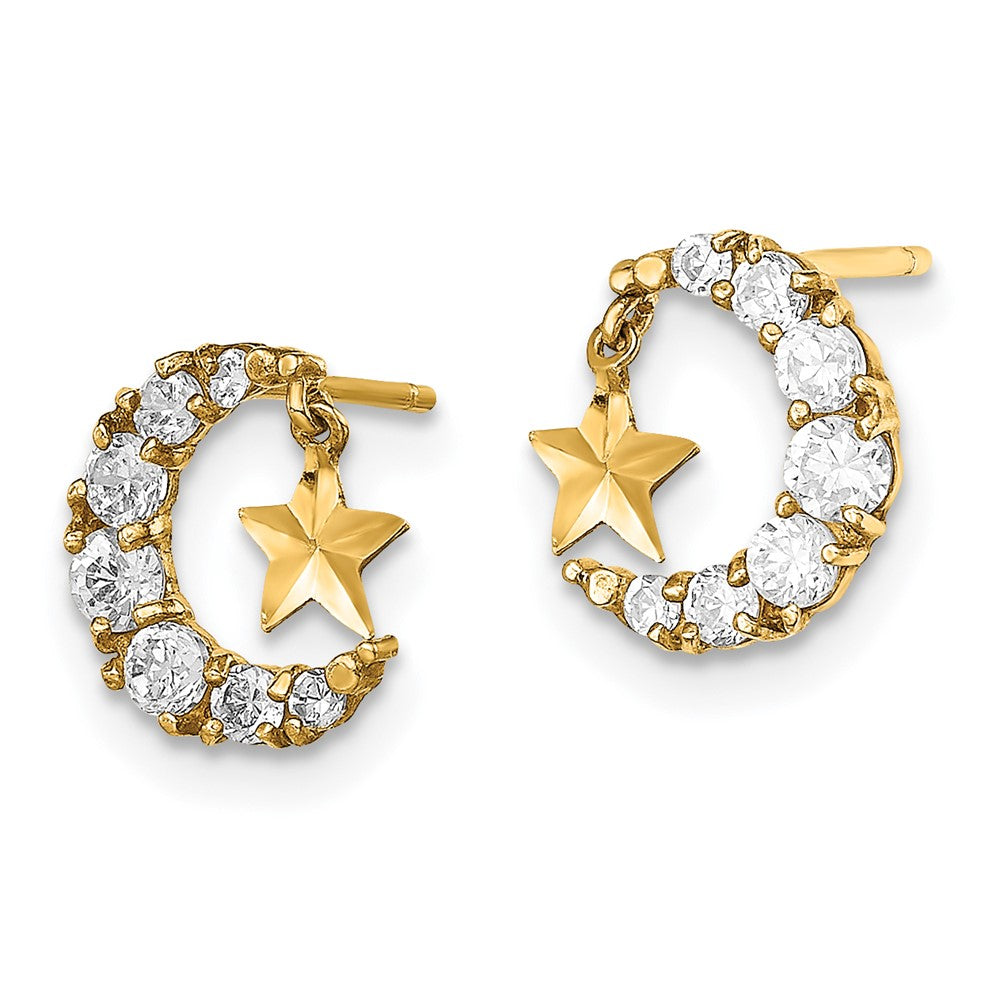 14K Yellow Gold Madi K CZ Crescent Moon with Diamond-cut Star Dangle Post Earrings