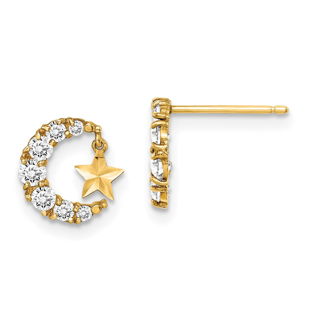 14K Yellow Gold Madi K CZ Crescent Moon with Diamond-cut Star Dangle Post Earrings