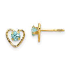 14K Yellow Gold Madi K 3mm Aquamarine Birthstone Heart Earrings