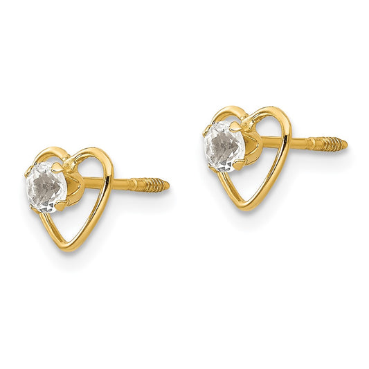 14K Yellow Gold Madi K 3mm White Zircon Birthstone Heart Earrings