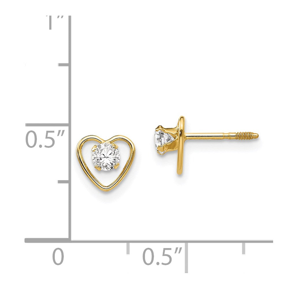 14K Yellow Gold Madi K 3mm White Zircon Birthstone Heart Earrings