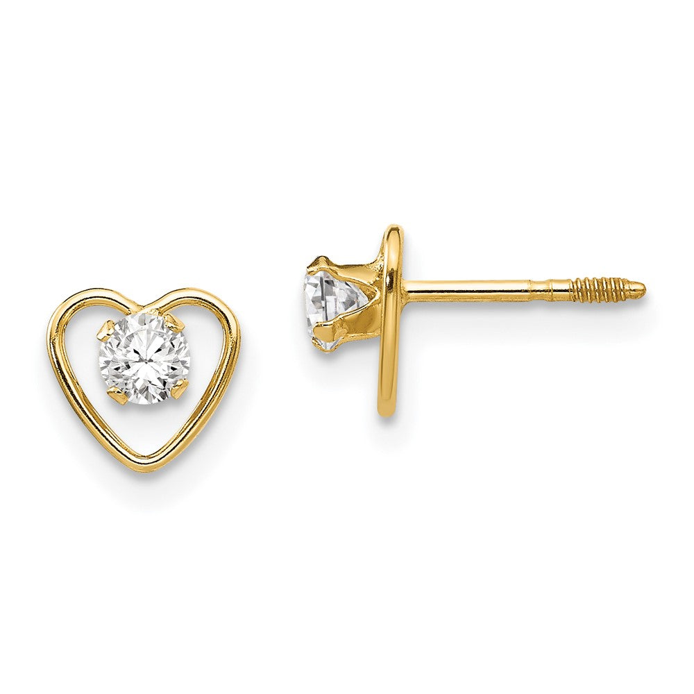 14K Yellow Gold Madi K 3mm White Zircon Birthstone Heart Earrings