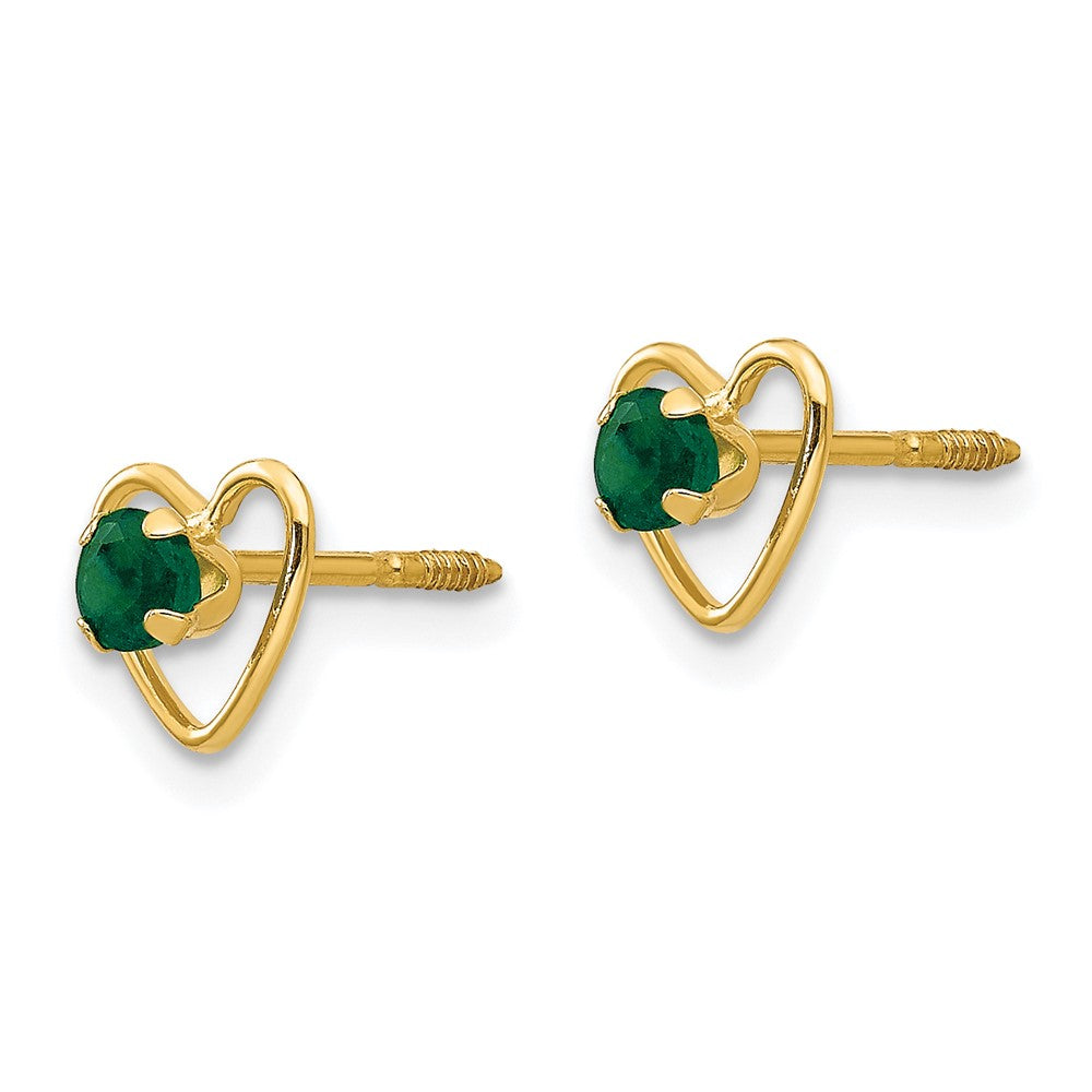 14K Yellow Gold Madi K 3mm Emerald Birthstone Heart Earrings