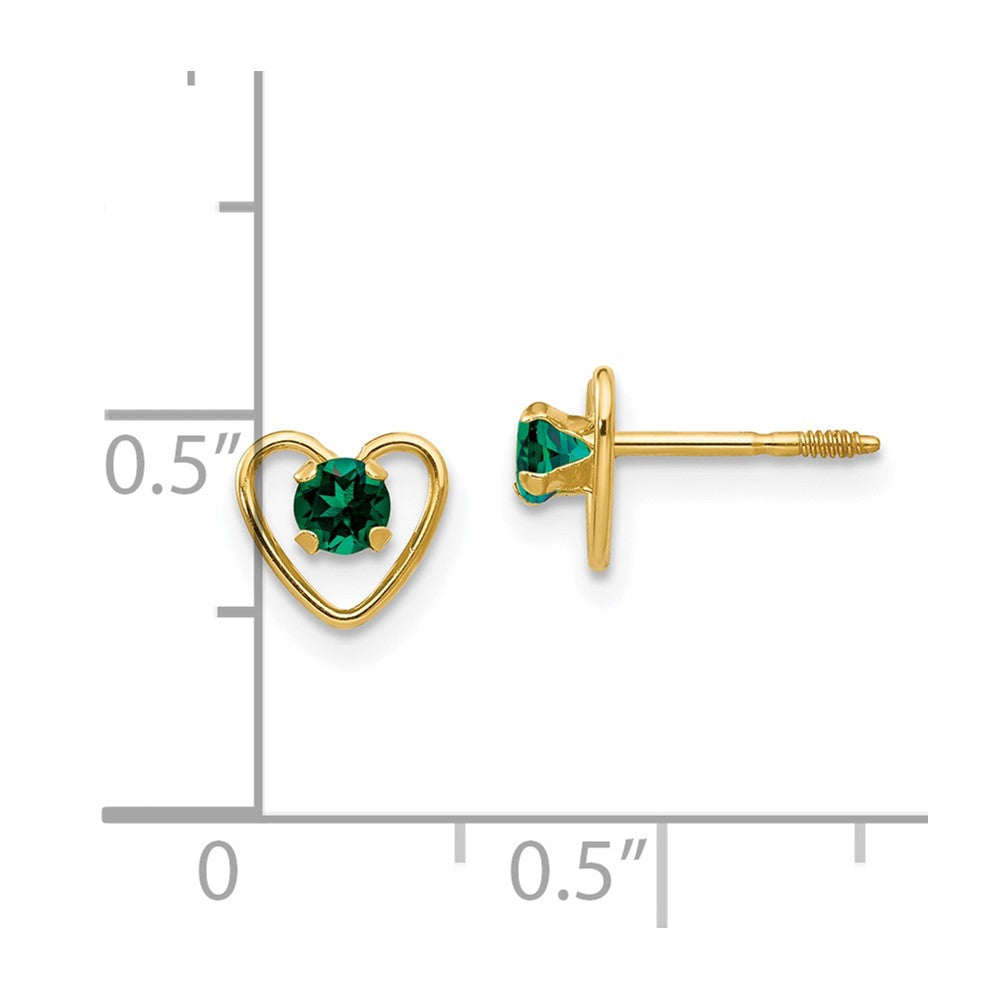 14K Yellow Gold Madi K 3mm Emerald Birthstone Heart Earrings