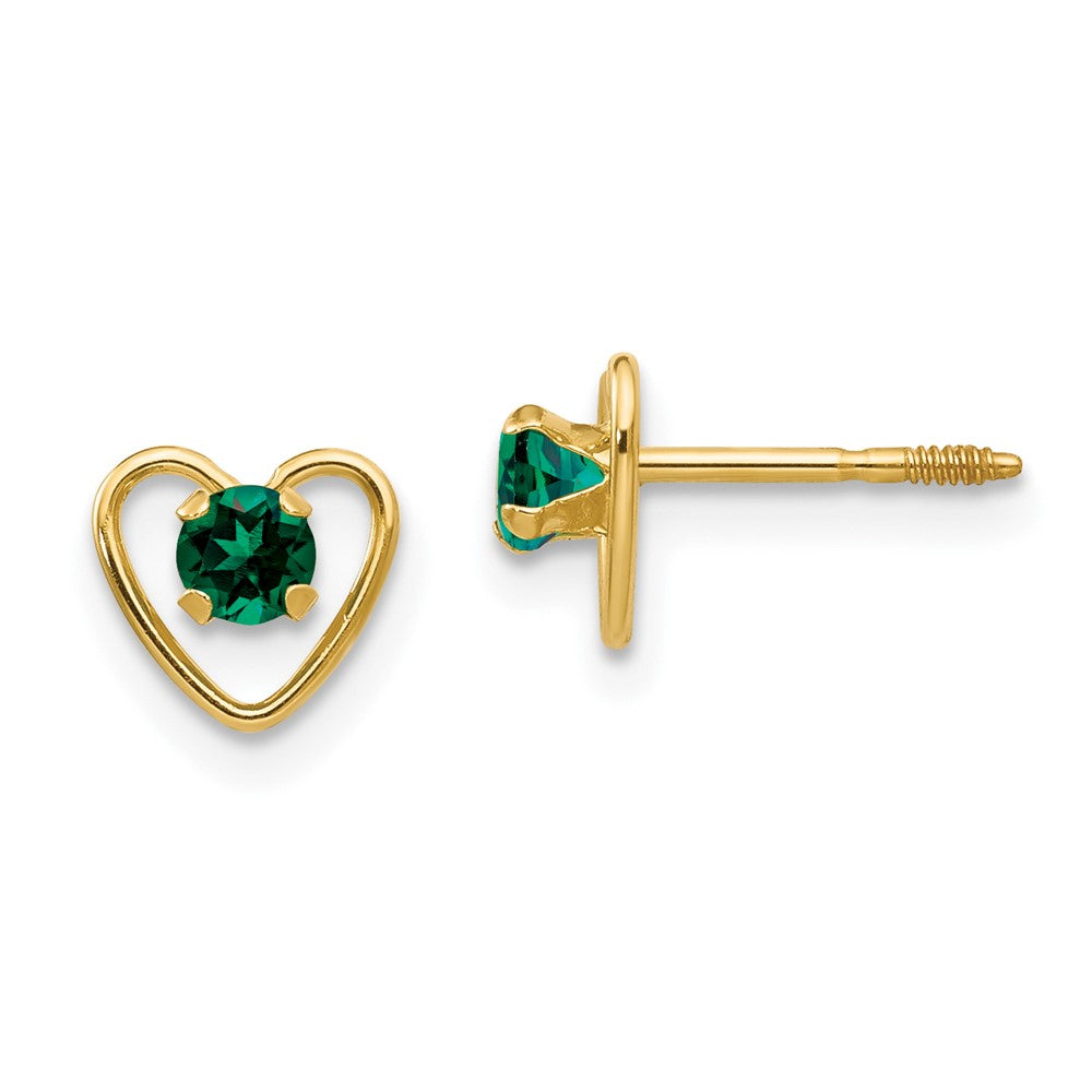 14K Yellow Gold Madi K 3mm Emerald Birthstone Heart Earrings