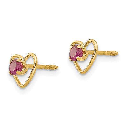 14K Yellow Gold Madi K 3mm Ruby Birthstone Heart Earrings