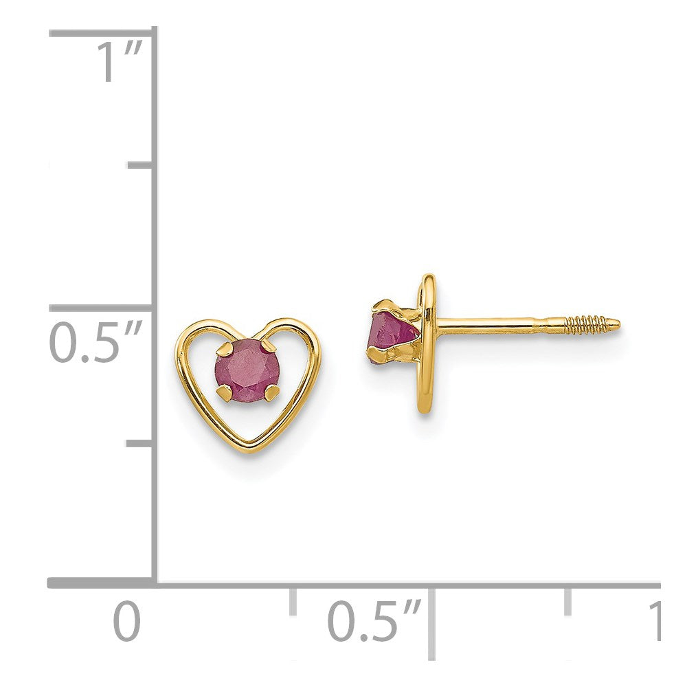 14K Yellow Gold Madi K 3mm Ruby Birthstone Heart Earrings