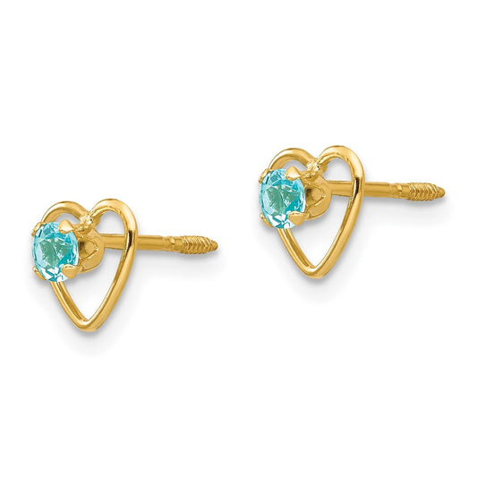 14K Yellow Gold Madi K 3mm Blue Zircon Birthstone Heart Earrings