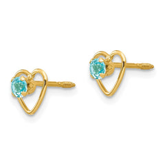 14K Yellow Gold Madi K 3mm Blue Zircon Birthstone Heart Earrings