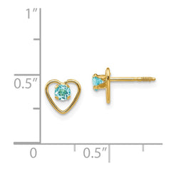 14K Yellow Gold Madi K 3mm Blue Zircon Birthstone Heart Earrings