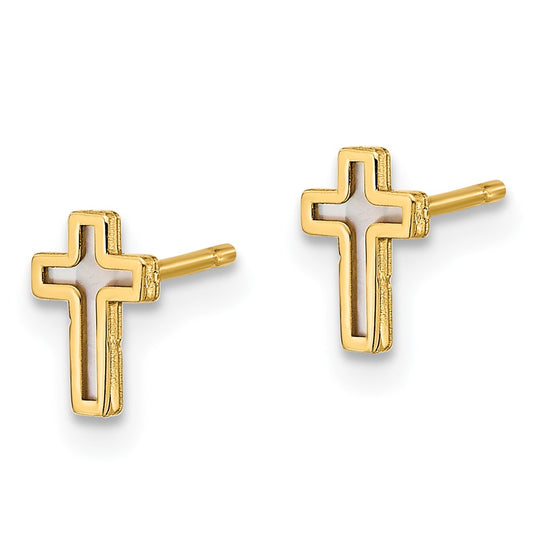 14K Yellow Gold Madi K Polished Cross Mother of Pearl Post Earrings