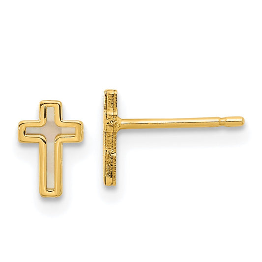 14K Yellow Gold Madi K Polished Cross Mother of Pearl Post Earrings