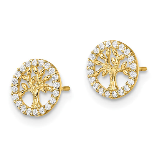 14K Yellow Gold Madi K Polished White CZ Tree of Life Post Earrings