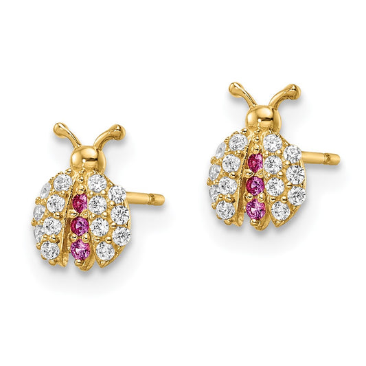 14K Yellow Gold Madi K Clear & Red CZ Lady Bug Post Earrings