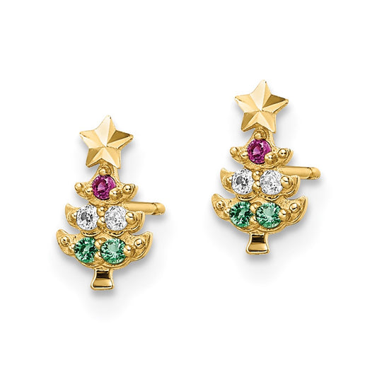 14K Yellow Gold Madi K Red & Clear CZ & Green Glass Christmas Tree Post Earrings