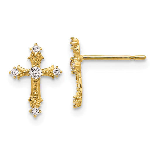 14K Yellow Gold Madi K Polished CZ Passion Cross Post Earrings