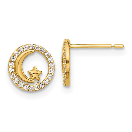 14K Yellow Gold Madi K Polished CZ Moon and Stars Post Earrings