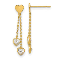 14K Yellow Gold Madi K Polished CZ Hearts Post Dangle Earrings