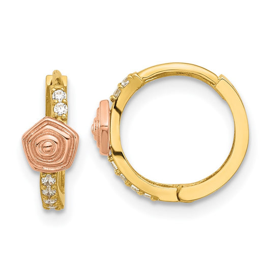 14K Yellow Gold Madi K Polished Two-tone CZ Hinged Huggie Hoop Earrings