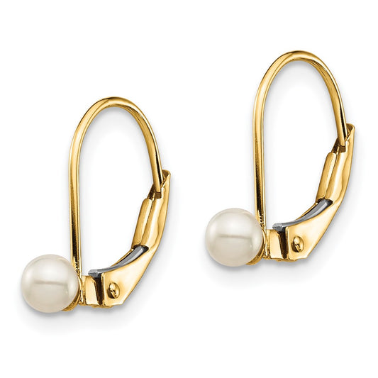 14K Yellow Gold Madi K 3-4mm White Round FWC Pearl Leverback Earrings