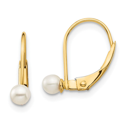 14K Yellow Gold Madi K 3-4mm White Round FWC Pearl Leverback Earrings