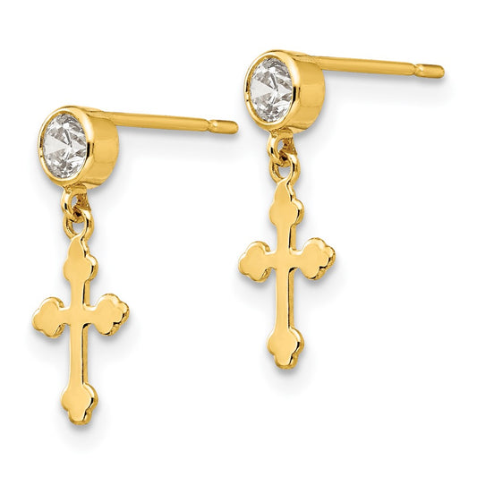 14K Yellow Gold Madi K CZ Children's Cross Dangle Post Earrings