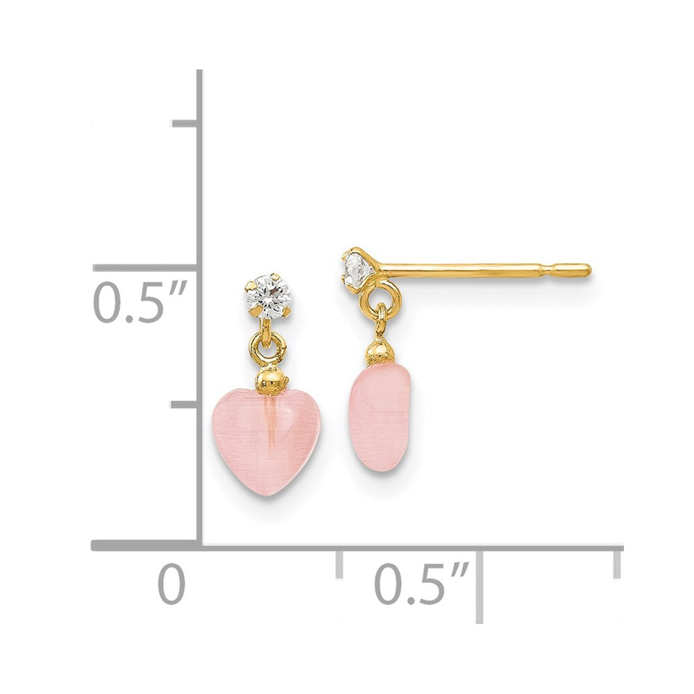 14K Yellow Gold Madi K CZ and Pink Cat's Eye Heart Dangle Post Earrings