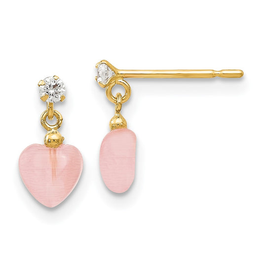 14K Yellow Gold Madi K CZ and Pink Cat's Eye Heart Dangle Post Earrings