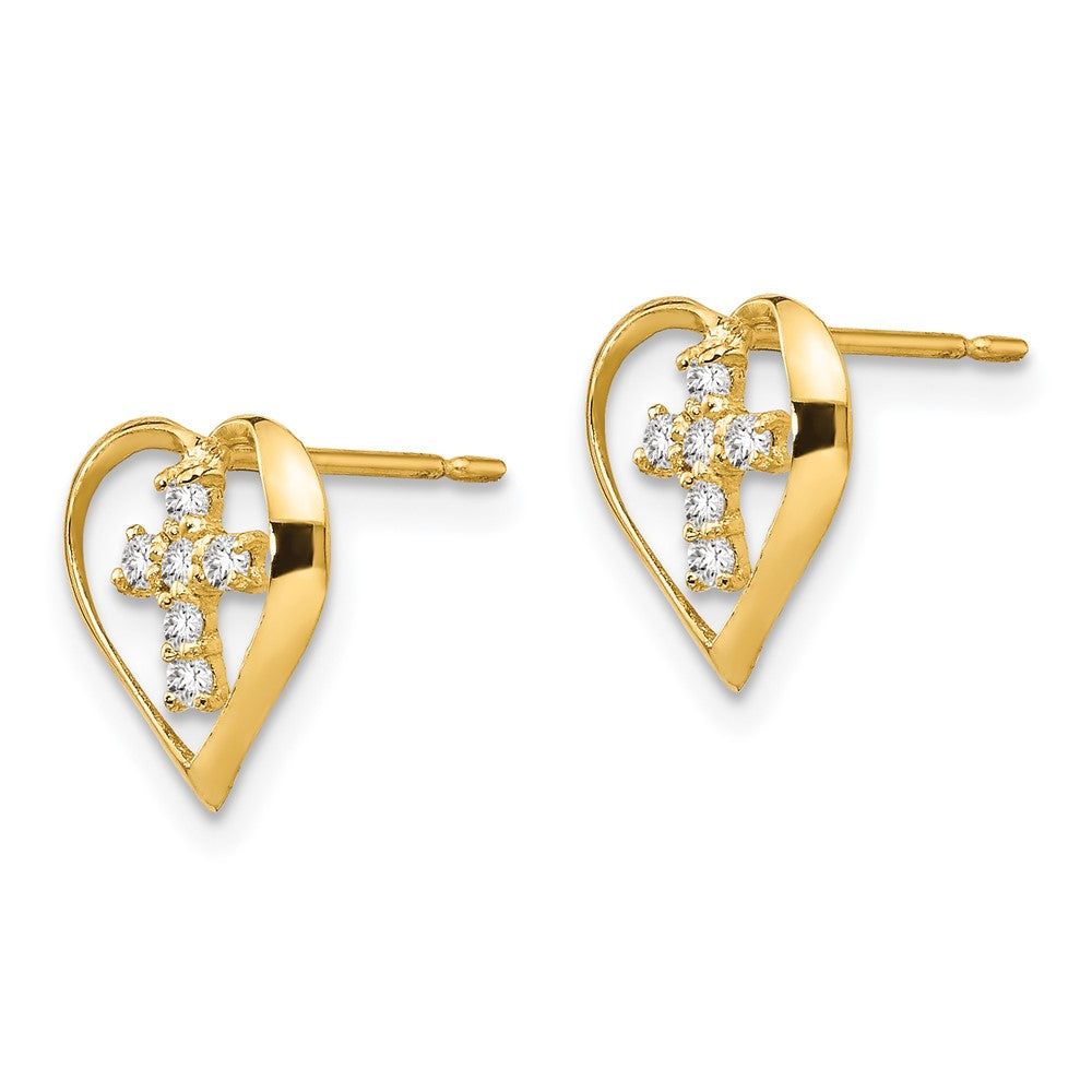 14K Yellow Gold Madi K CZ Children's Heart Cross Post Earrings