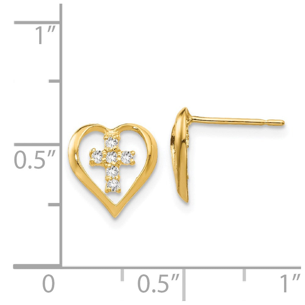 14K Yellow Gold Madi K CZ Children's Heart Cross Post Earrings