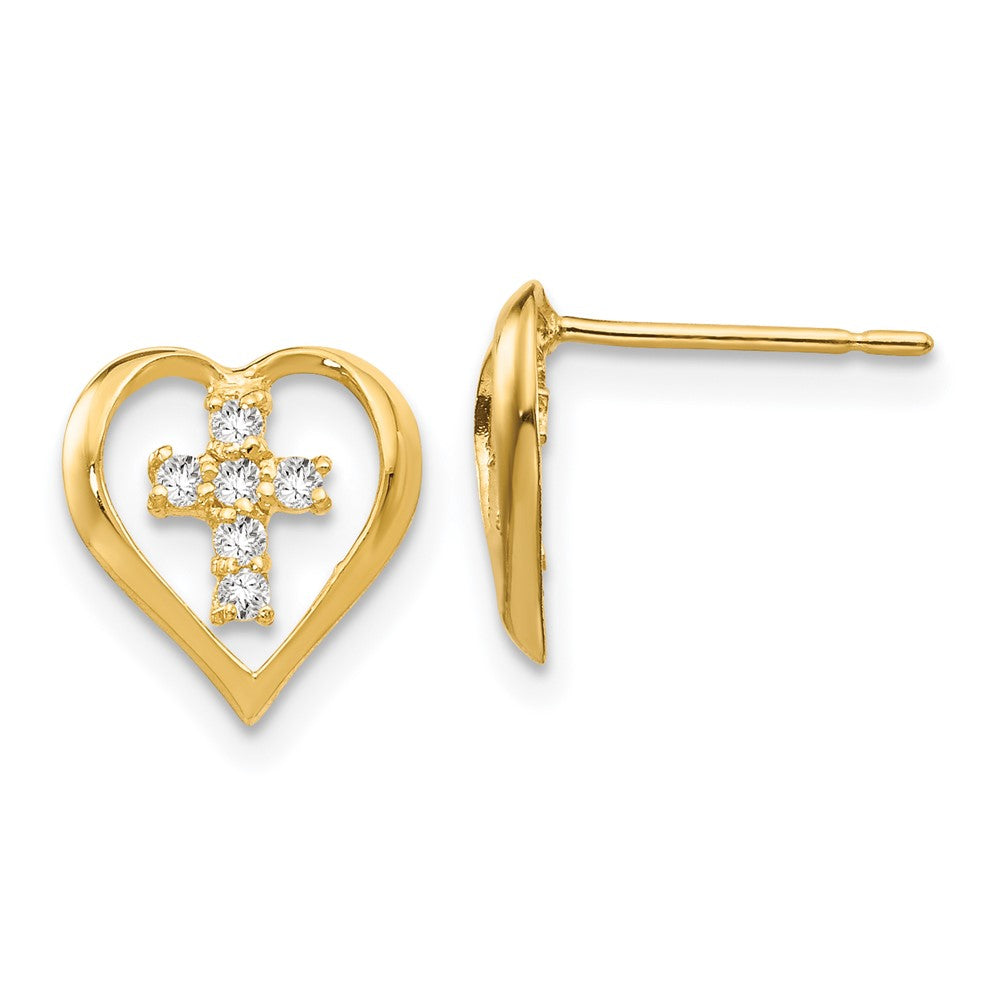 14K Yellow Gold Madi K CZ Children's Heart Cross Post Earrings