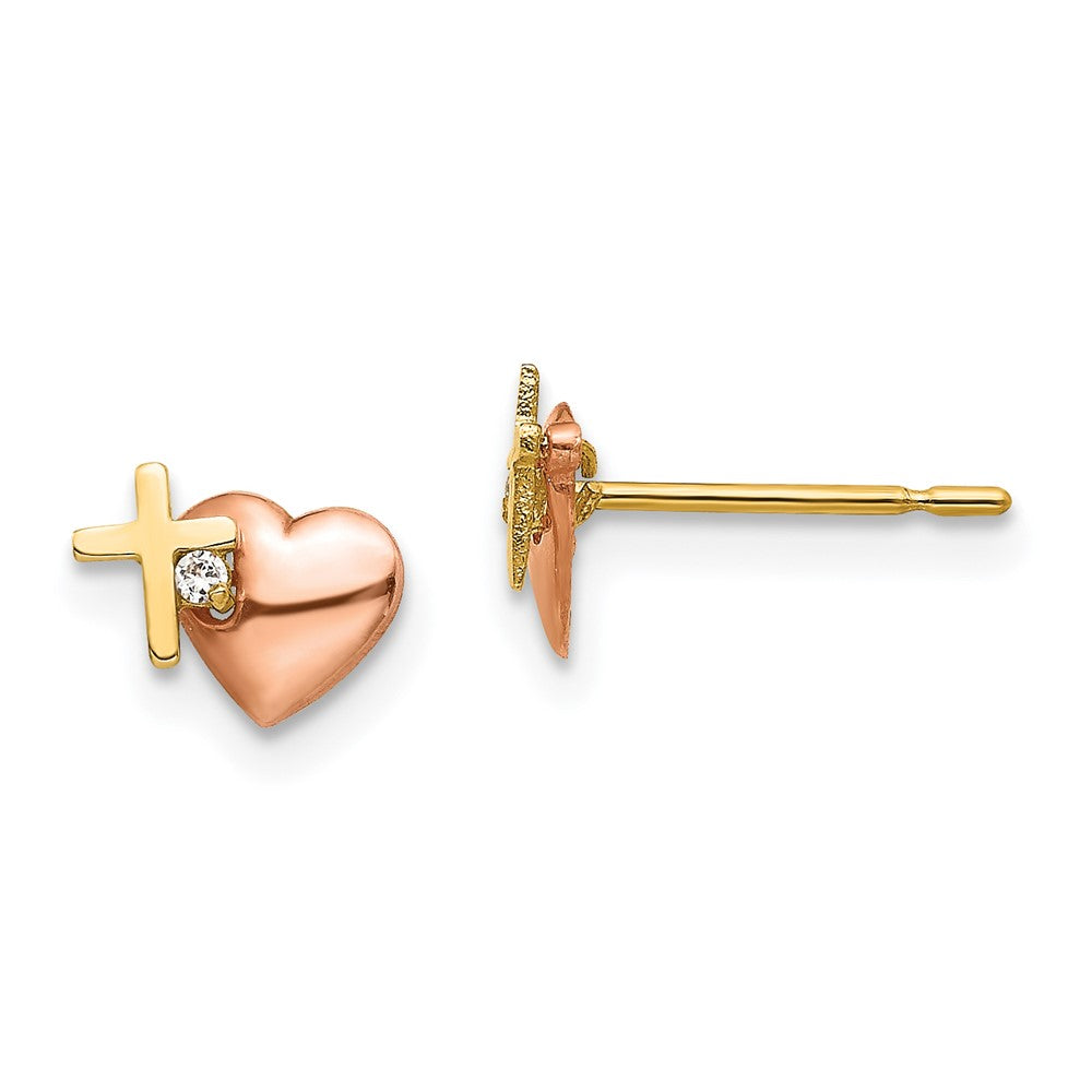 14K Yellow & Rose Gold Madi K CZ Heart and Cross Post Earrings